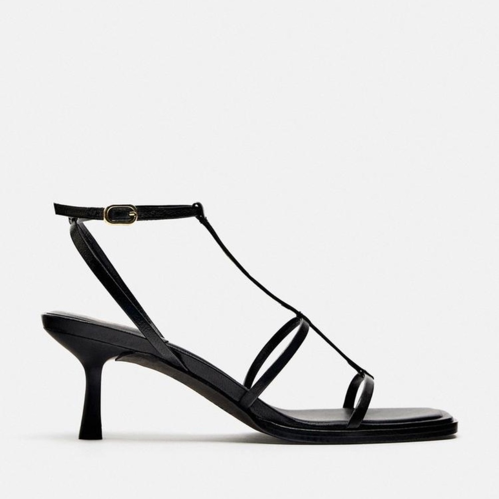 Zara Black Leather Strappy Heels – Size 10